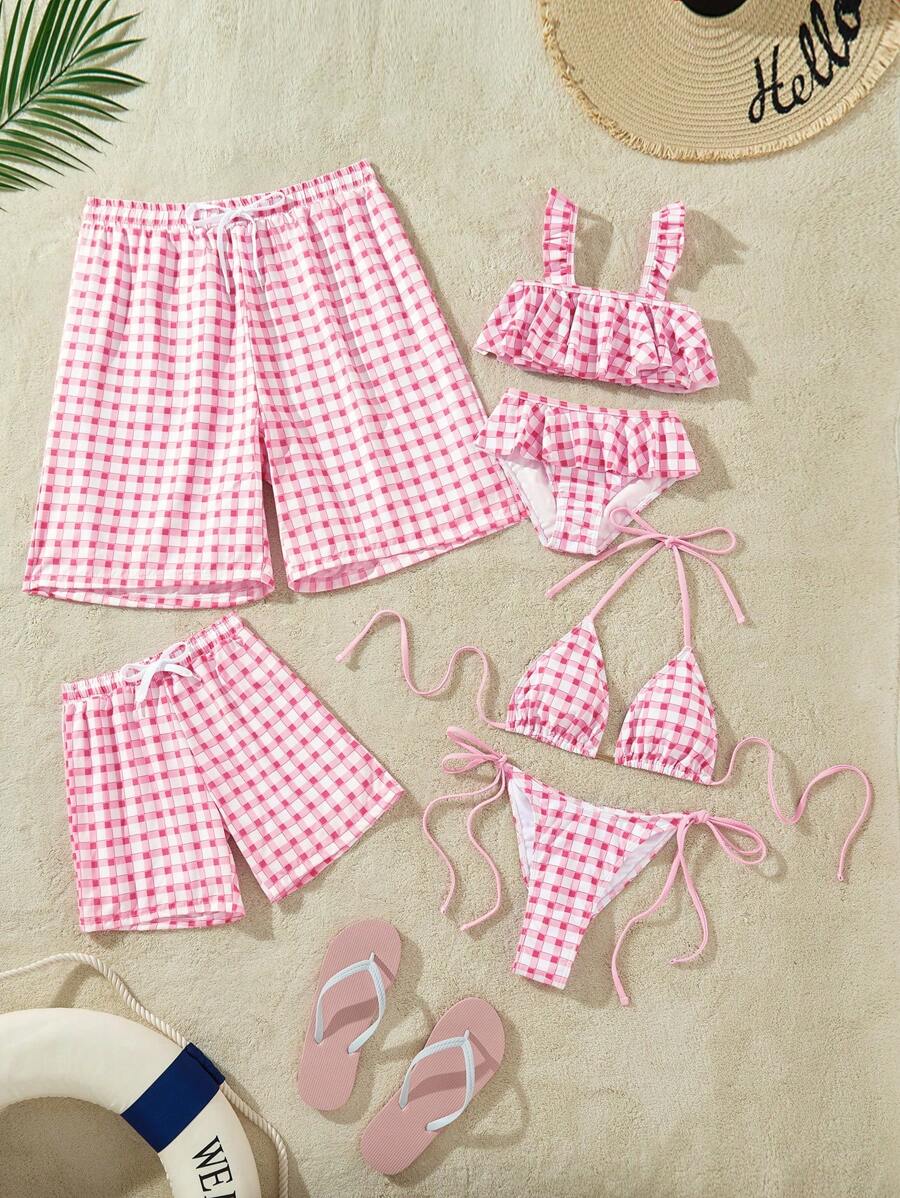 Girls Pink Plaid Striped Double Ruffle Bikini Set, Matching Outfits Mommy And Me (4 Pieces Sold Separately)