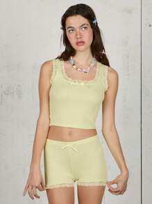 COUREZ Ensemble top en dentelle col en coup et short micro Tenue d'été 2 pièces Femmes Vintage Y2K