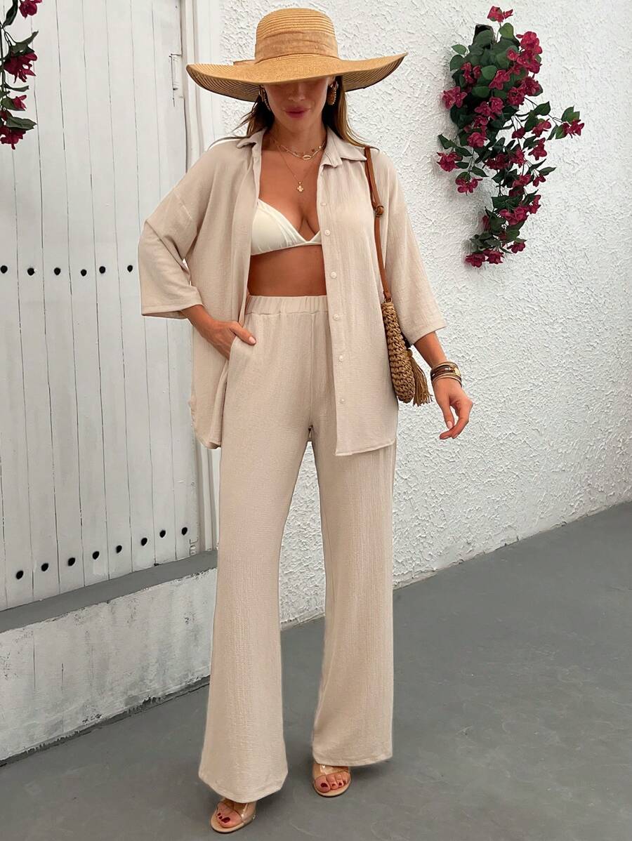 EURMUSE Plus Women Loose Fit Blouse And Pant Two Pieces Set - Beige - View 1