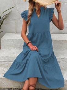 SHEIN LUNE 缺口领口荷叶边饰罩衫连衣裙长款女装 - 藍色 - 查看 4