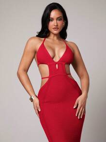 Silquee 罩衫黑色钩针性感深 V 领镂空开衩春夏度假服中长款女式连衣裙 - 紅色 - 查看 6