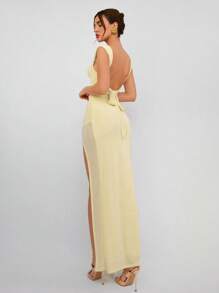 Aloruh Women Bodycon High Slit Sparkly Knitted Dress, Yellow; Backless Bowknot-Up Dress