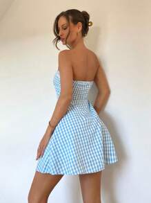 Chiquease Women Bandeau Bowknot Plaid A-Line Dress