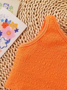 2 件套女婴休闲时尚日常百搭时尚橙色纯色舒适弹力贴身纹理针织不对称领口吊带背心上衣和宽松短裤 OOTD 服装，适合户外、度假、育儿活动或时尚摄影，春夏新品