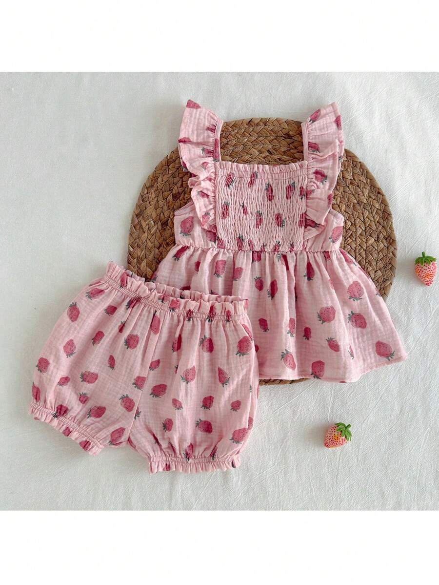 Loomiva Baby Girl Strawberry Pattern Square Neck Ruffle Trim Sleeveless Pullover Top And Bloomer Shorts 2 Pieces Set - Pink - View 1