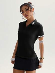 Dewbera Women's Casual Striped Patchwork Short Sleeve Sports Polo Shirt, Summer