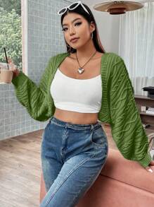 Flirla 大码女式休闲粗针织图案长袖披肩开衫 - 綠色 - 查看 3