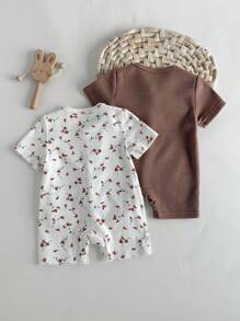 Loomiva 2pcs Newborn Baby Girl Floral Print Soft Knit Crew Neck Short Sleeve Romper Set - Multicolor - View 2