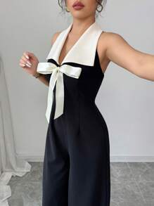 Elenzga 女士蝴蝶结无袖直筒连身裤 - 黑色 - 查看 5