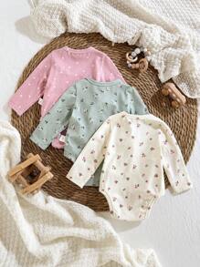 Loomiva 3pcs/Set Newborn Baby Boy/Girl Dot & Ditsy Floral Pattern Soft Knit Crew Neck Long Sleeve Bodysuit Clothing Sets - Pink - View 2