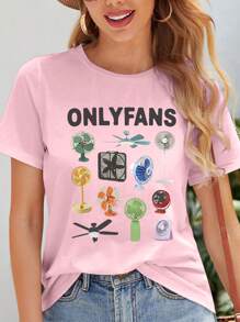 Calvaya ONLYFANS Curse Champagne Print Plus Size Round Neck T-Shirt For Summer & Spring Women's Clothing
