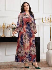 Modelyn Plus Size Women Tie-Dye Print Lantern Sleeve Elegant Dress - Purple - View 6