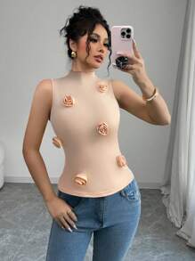 Chiquease Women 3D Floral Casual Versatile Sleeveless Camisole Top, Romantic Rose Flower Wavy Edge Handmade Sweet Sexy High Elastic Stand Collar Slim Fit Tank Top, Elegant For Vacation, Party, Dating - Apricot - View 1