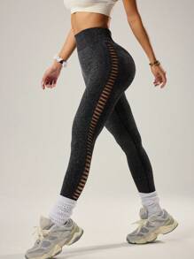 Easithlete 女士亮黑色镂空紧身裤 - 黑色 - 查看 5