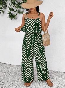 SHEIN Frenchy Plus Size Geometric Pattern Sleeveless Jumpsuit, Boho/Bohemian Casual & Vacation - Green - View 5