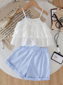 SHEIN Explorewe Young Girl Embroidery & Ruffle Trim Camisole Top & Striped Versatile Shorts Set - White - View 2