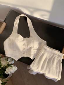 Comfortcana New Apricot Linen Halter Vest Suit Set, Spring Summer In Fall/Winter - Apricot - View 1