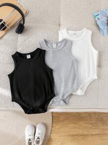 SHEIN Set de 3 piezas de pelele sin mangas de punto unisex para bebé, negro/blanco/gris