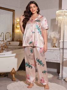 LuxeNights Plus Size Floral Print Satin Pajama Set
