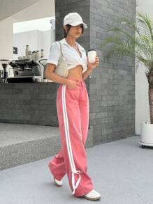 SHEIN EZwear 女式宽松侧条纹口袋阔腿休闲牛仔裤 - 粉色 - 查看 3