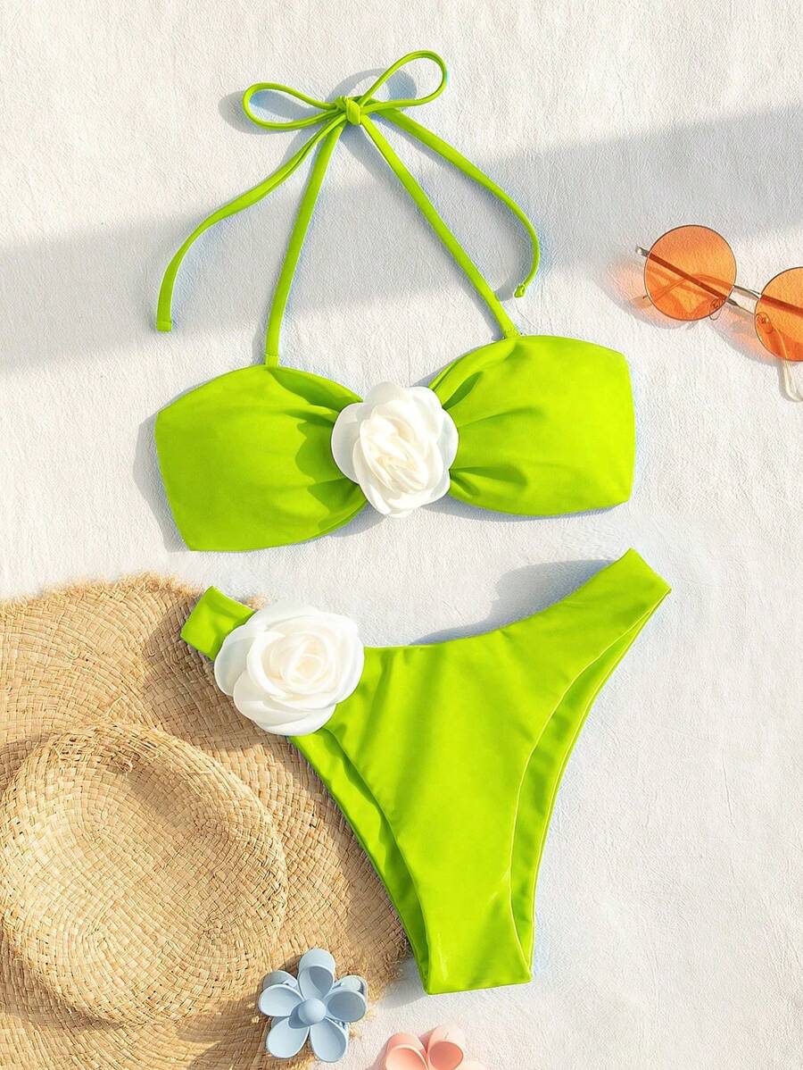 SHEIN Swim Bộ đồ bơi nữ - Áo Bandeau không dây màu trơn và quần bikini tam giác - Màu xanh chanh - Xem 1