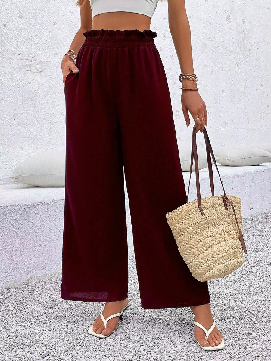 SHEIN LUNE Women's Solid Color Ruffle Pocket Wide Leg Casual Pants Fall Cloth For Women - Burgundy - View 1