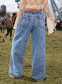 Breezaya Plus Size Women Loose Embroidered Snowflake Print Straight Leg Jeans - Blue - View 2