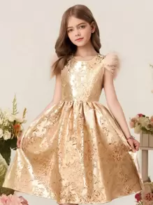 SHEIN Tween Girl Luxurious Retro Style Gold Jacquard Feather Accent Flare Dress - Pink - View 1