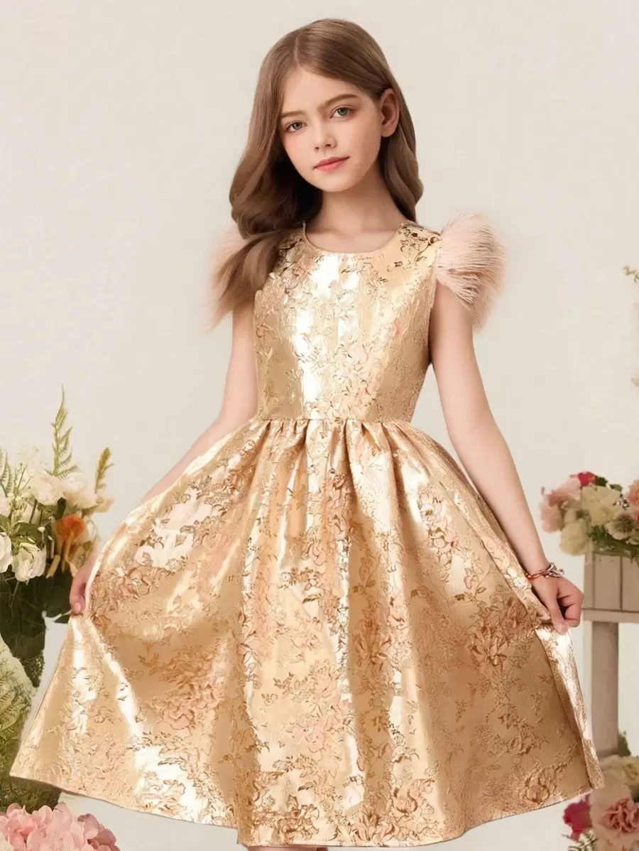 SHEIN Tween Girl Luxurious Retro Style Gold Jacquard Feather Accent Flare Dress - Pink - View 1
