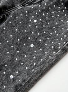Young Girl Street Preppy Casual Chic Heart Shape Rhinestone Decoration Elastic Waist Straight Jeans, Girls Essential Daily Fashion Chic Outfits, School, Campus, College - Dark Grey - View 5