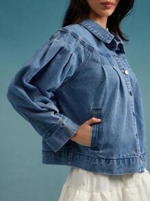 WESTFADE Spring Collared Button Front Pleated Long Sleeve Western Denim Cowgirl Swing Jacket Casual Cute Beach - Dark Wash - View 2