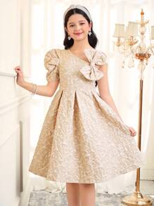 SHEIN Tween Girl 优雅单肩泡泡袖 A 字中长连衣裙 - 卡其色 - 查看 1