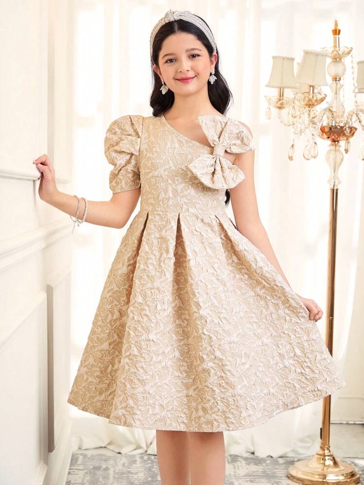 SHEIN Vestido midi de línea A con un solo hombro y manga abullonada, elegante para niña preadolescente - Caqui - Añade 1