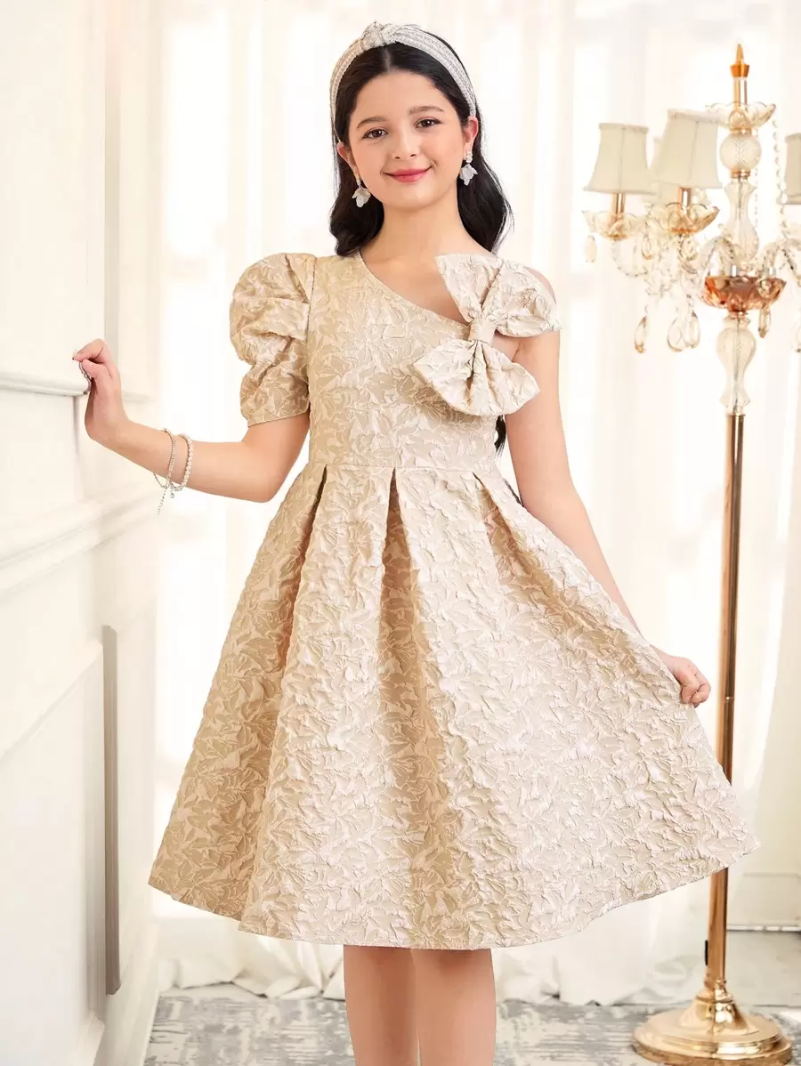 SHEIN Tween Girl 优雅单肩泡泡袖 A 字中长连衣裙 - 卡其色 - 查看 1