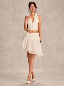 SHEIN BAE Women's 2pcs White Summer Elegant Set: V-Neck Ruched Front Tank Top & Asymmetrical Hem Slit Skirt, Suitable For Vacation, Party, Date - Apricot - View 4