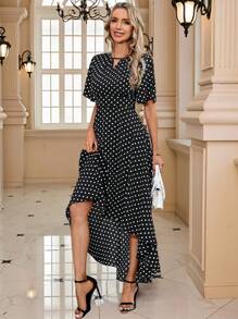 EMERY ROSE Women's Polka Dot Print Asymmetric Hem Dress - Black and White - View 8