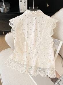 Franclia 女士优雅盖袖蕾丝镂空衬衫，夏季 - 杏色 - 查看 2