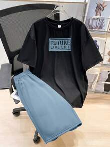 SHEIN 2pcsTeenboy Casual Versatile Comfortable Cost-Effective Casual Monogrammed Crew Neck T-Shirt And Gym Shorts Set;Suitable For Spring, Suitable For Spring/Summer Outing, Spring - Blue - View 2