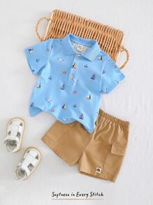 Cozy Pixies Set de 2 piezas con parte superior de punto de manga corta con cuello suave y pantalones cortos de cintura elástica para bebé niño