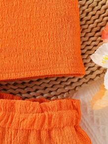 2 件套女婴休闲时尚日常百搭时尚橙色纯色舒适弹力贴身纹理针织不对称领口吊带背心上衣和宽松短裤 OOTD 服装，适合户外、度假、育儿活动或时尚摄影，春夏新品