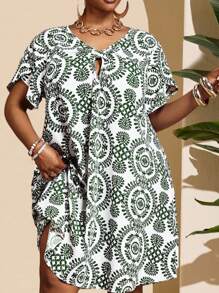 Slaydiva 2025 Summer&Beach New Vacation Casual Non-Stretch Woven Loose A-Line Twist Knot Midi Dress, Green, Plus Size - Green - View 5