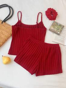 Comfortcana 2pcs/Set Women Ribbed Camisole Top And Shorts Two-Piece Set, Red - Burgundy - View 2