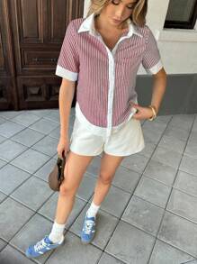 Chiquease Striped Contrast Color Splice Lapel Pocket Casual Short Sleeve Blouse For Women - Burgundy - View 6