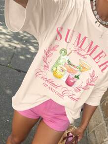 SHEIN LUNE 大码女式夏季可爱饮料字母印花圆领短袖休闲 T 恤上衣 - 杏色 - 查看 1