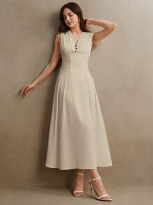 Anewsta Elegantes, minimalistisches ärmelloses Sommerkleid mit V-Ausschnitt und Taille, geeignet für Frauen bei Festivals, Old Money, Ausgang, Urlaub und als Brautjungfernkleid - Kamelfarben - Übersicht 4