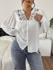 SHEIN Frenchy Plus Size Vintage Geometric Pattern V-Neck Shirt, Casual For Spring And Summer
