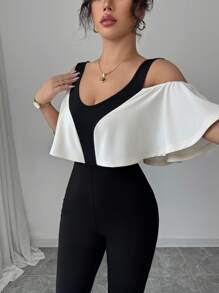 Selianne Bộ đồ liền thân trễ vai viền bèo nhún màu tương phản thanh lịch dành cho nữ - màu đen - Xem 4