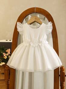 Souflis Souflis Baby Girl Spring/Summer Solid White Sleeveless Round Neck Net Mesh Dress, Fresh Fairy Style, Simple No Pattern, Flowing Skirt, Suitable For Holidays, Elegant Outings, Comfortable House Wear. Random Floral Quantity - White - View 1