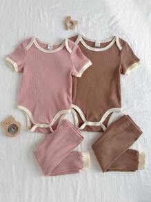 Loomiva 4PCS Baby Girl Color Block Soft Knit Long Sleeve Ruffle Shoulder Bodysuit & Elastic Waist Long Pants Set - Pink - View 8