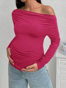 SHEIN Maternity Plain Color Asymmetrical Neck Ruched Long Sleeve T-Shirt - Hot Pink - View 3